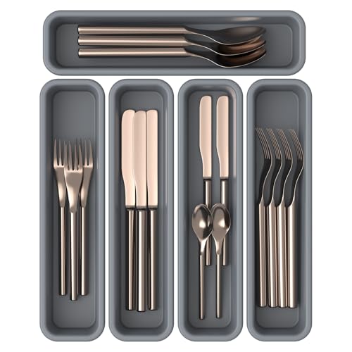 5 Pack Silicone Drawer Organizer for Kitchen, DIY Free Combination Silverware Organizer, Utensil Drawer Organizer, Moisture-proof and Heat-resistant up to 200°C, Anti-slip and Environmentally (Grey)