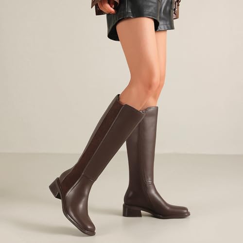 Knee High Boots for Women Flat Square Toe Chunky Block Low Heel Side Zipper Soft-Soled Tall Long Boots3