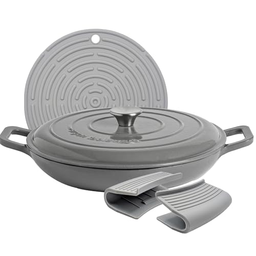 Argon Tableware 2.3L Shallow Cast Iron Casserole Dish with Self-Basting Lid - Slate Grey - Induction Hob Cooking 2.43QT Dutch Oven Bread Baking Serving Roasting Stew Stock Pot Pan