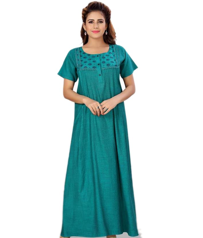 CEE 18 9527-M Cotton Solid Maxi Nighty, Medium, Green