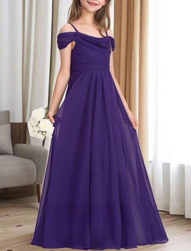 JISISANG Cold Shoulder Junior Bridesmaid Dresses for Teens Girls Chiffon Wedding Guest Formal Pageant Gowns 2-144