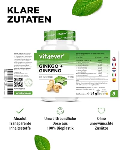 Ginkgo + Ginseng - 365 Tabletten - Spezial Extrakt - Hochdosiert - Laborgeprüft - Ginkgo Biloba + Koreanischer Ginseng - Premium Qualität - Vegan – Bild 5