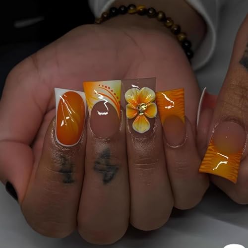 Image of Orange Press on Nails Flower Fake Nails Glossy False Nails with Design French Tip Glue on Nails Reusable Artificial Acrylic Full Cover Duck Stick on Nails for Women Girls Manicure 24Pcs