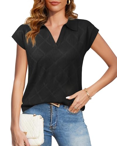 Image of Messic Womens Cap Sleeve Sweater Lapel V Neck Casual Knit Pullover Tops 2024