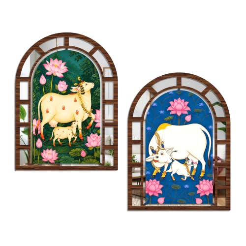 Image of Artvibes Kamdhenu Cow Wall Hanging Decor | Decorative Jharokha Mirror for Living Room, Bedroom, Hall, Prayer Room, Dining Room, Foyer & Entryway | Gift (WHJ 12047N), Set of 2