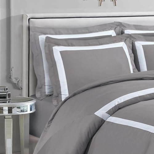 Majestic Giftware Madison Linen 4 Pcs 48" Twin Size Bedding Set (BL1-48T-3-4pcs) Province Hotel Collection-Taupe-White Tape 400 TC Cotton Sateen | 1 Fitted Sheet, 1 Duvet, 2 Pillowcases