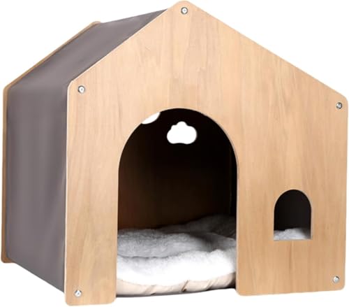 木製犬小屋 木製ペットハウス ペットハウス 猫小屋 犬小屋 天然木 通気性 風通しの良い 全シーズン対応 窓付き 組み立て簡単 小型から中型犬用 室内用 折りたたみ式 取り外し可能 (グレー)