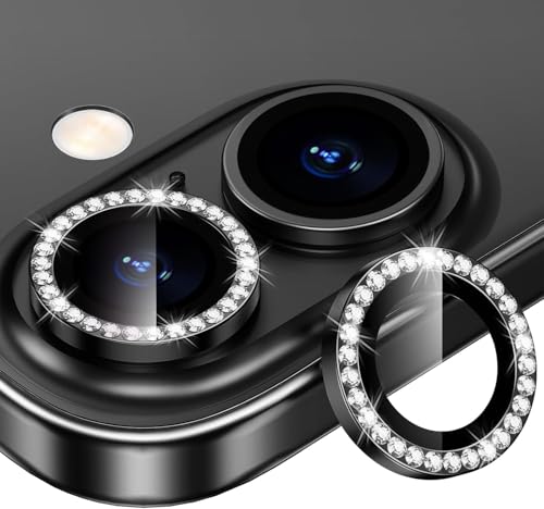 Image of CLITZ for iPhone 16 /16 Plus Camera Lens Protector Bling Individual Metal Diamond Ring 9H Hardness Scratchproof Protector, Stylish Phone Accessories, Case Friendly (Black Diamond)