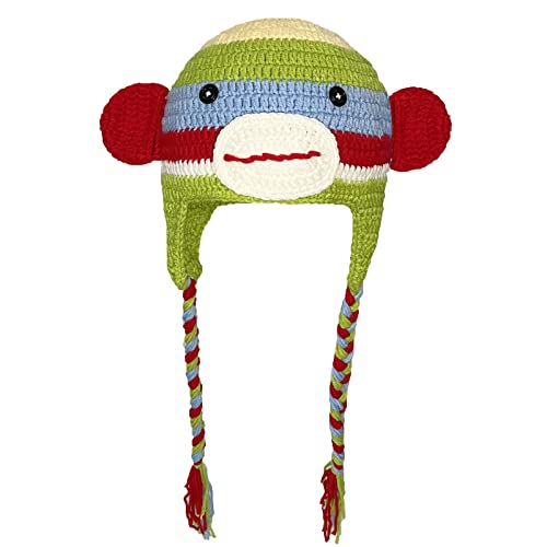 SUNONE11HKA Monkey Earmuff Beanie Handmade Skull Xmas Party Knitted Caps Funny Stripe Hats Red