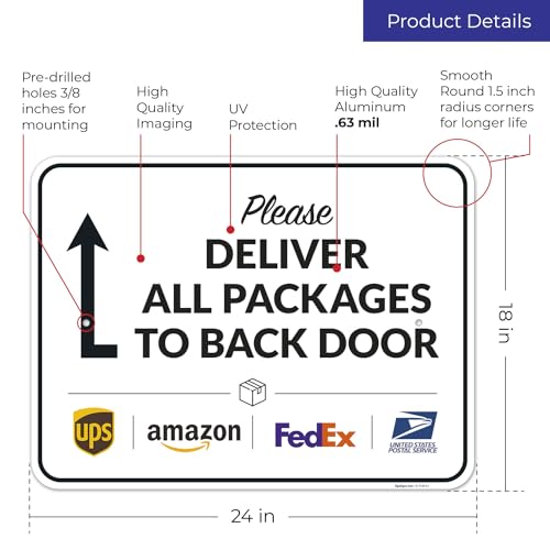 Image of Package Delivery Sign, Delivery Instructions All Package to Back Door Sign, 18x24 Inches, Rust Free .063 Aluminum, Fade Resistant, Made in USA by Sigo Signs