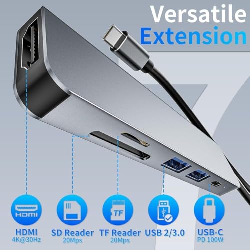 Image of 6-in-1 Type-C Docking Station Hub with 4K HDMI, 1Gbps Ethernet, 3xUSB 3.0 & 100W PD | Multiport USB-C Adapter for MacBook, Windows, iPad & All Type-C Devices | Portable & Plug-and-Play