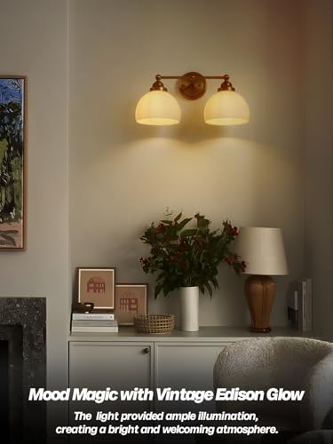 Image of 2-Lights Milk White Glass Wall Sconce Lighting Brass Finished, Double Arm Bathroom Vanity Light Fixture for Bedroom Living Room Dining Room Hallway