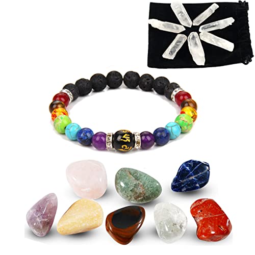 Soulnioi Cristal de guérison 7 chakras irréguliers, 7 Chakra Yoga Perles d'énergie Bracelet religieux (Six mots mantra), cristal naturel brut, colonne brute en cristal blanc Cover