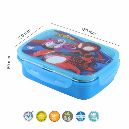 Image of SKi Homeware SnapLock Lunch Box for Kids with Stainless Steel Removable Inner Container +125ml dabbi + Spoon | Leak Resistant | Genuine Character Merchandise | Perfect for Birthday Gifts- Spidey