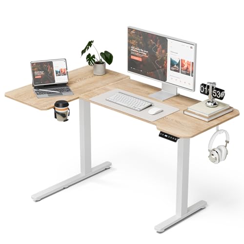 Image of Acrolix L Shaped Electric Standing Desk - 51x31.5 Inch Reversible Corner Sit Stand Desk with Hook&Cup Holder,Electric Height Adjustable Table,for Small Home Office&Bedroom Computer Desk, Oak