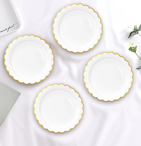 Image of HEIPINIUYE 50 Pieces White Paper Plates with Gold Foil 7 Inch Disposable White Scalloped Dinner Plates for Wedding Baby Shower Birthday Party Dessert Plate