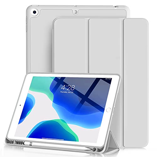 Aoub iPad 10.2 インチ 第9/8/7世代 (2021/2020/2019年) ケース オートスリープ/ウェイク機能対応 Apple Pencilペン収納・ホルダー付 スマートカバー ソフト TPU 薄型 軽量 耐衝撃 三つ折りスタンド グレー