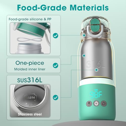 Portable Bottle Warmer for Travel – Fast Heating, Dual Heating Modes for Breasmilk & Formula, 45W Super Fast Charging, Travel Bottle Warmer On-The-Go, 5-Temp Control, Extra Straw Lid, 12 Ounces