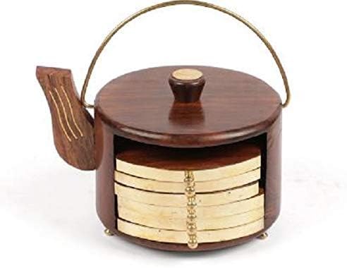 Wooden Coaster for Dining Table, Coaster for Cup, Glass, Bottle, Coffee, Beverages & Cans - Set of 6, Kettle Shape Holder, Brown, Round, Sheesham Wood