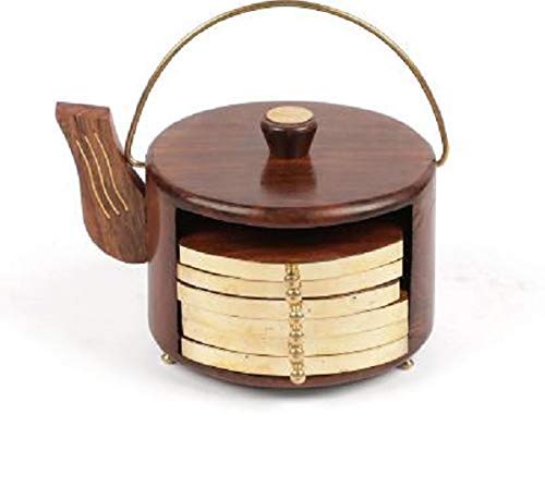 HEEBA GALLERYWooden Coaster for Dining Table, Coaster for Cup, Glass, Bottle, Coffee, Beverages & Cans - Set of 6, Kettle Shape Holder, Brown, Round, Sheesham Wood