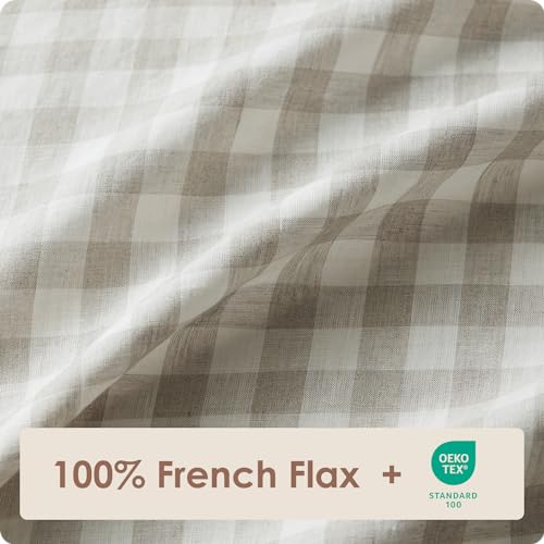 DAPU Pure Linen Sheets Set, Gingham Check Plaid 100% Washed Linen Bedding with Envelope Closure, 4 PCs Hypoallergenic Soft Linen Sheets Set, Geometric Checkered Pattern in Beige & White, Queen Size