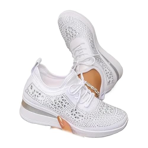 Women's Glittery Rhinestone Fashion Breathable Wedge Sneakers, Orthopaedic Mesh Platform Sneakers Sparkly Bling Wedding Dressy Tennis Shoes for Bride
