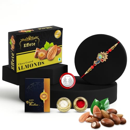 Image of DeoDap Designer Lotus Elephant Magic (32g) Silver Rakhi Set of 2 with Chocolate, Silver Pooja Coin, Tilak Set, Greeting Card - Rakhi Gift for Brother