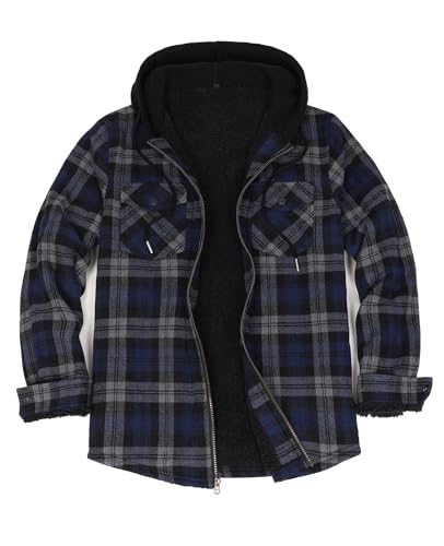 Image of ZENTHACE Men's Sherpa Lined Full Zip Hooded Plaid Shirt Jacket