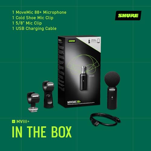 Image of Shure MoveMic 88+ Wireless Stereo Microphone for iPhone & Android - Portable Video Recording Mic with 4 Polar Patterns, DSP Audio Controls & Direct-to-Phone Connectivity, Black | Wireless Stereo Mic to Phone, 4 Patterns: Stereo 60 Degree -135 Degree, Cardioid, Figure-8, Raw Mid-Side, Dsp, 8h, 100ft