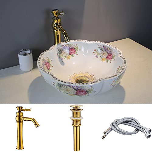 Flower Vessel Sink With Gold Faucet Drain Combo For Bathroom #TOP16