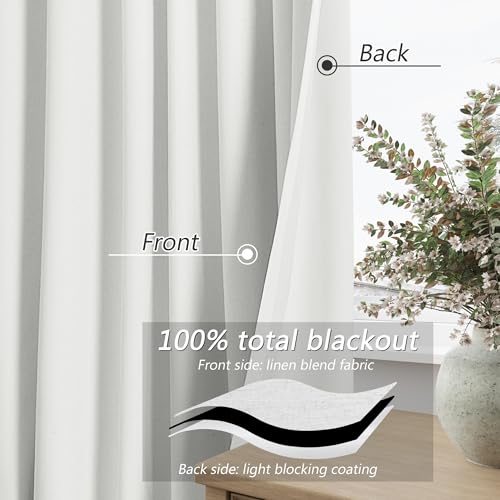 Image of Guken White 100% Blackout Linen Curtains 108 Inch Length 2 Panels Set for Living Room Bedroom Back Tab Thermal Insulated Black Out Drapes Room Darkening Farmhouse Window Curtains 52x108