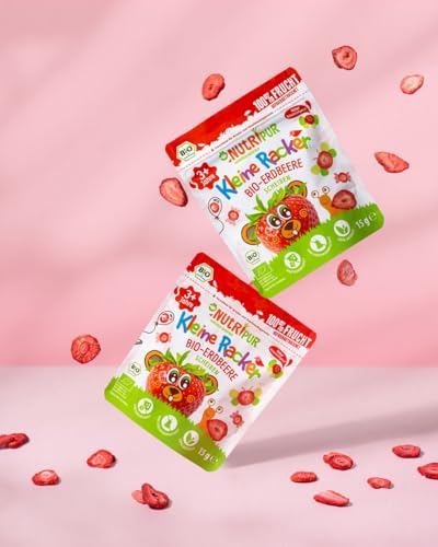 BIO Frucht Snack für Kinder: 6x15g Erdbeeren Gefriergetrocknet BIO – Gefriergetrocknete Früchte – Getrocknete Früchte – Kleine Racker von NutriPur