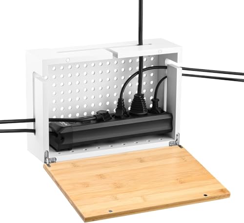 Caja de gestión de cables con tapa de bambú magnética y bridas para cables, caja organizadora de cables elegante y duradera para ocultar cables y regletas, caja de cables de montaje en pared - Blanco
