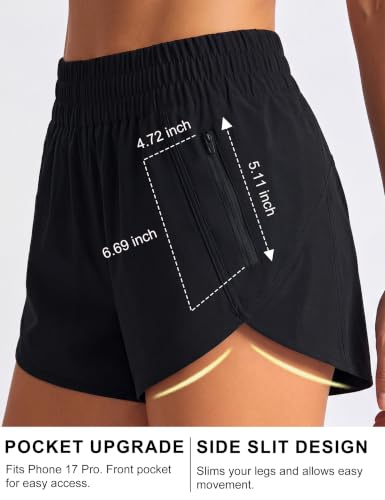 Image of BMJL Women's Athletic Shorts Running Workout Shorts Gym High Waisted Summer Short with Waistband Pocket | built-in liner,thick elastic waistband,split side,comfy fabric,zipper pocket,longer back,workout,athletic,curved back line