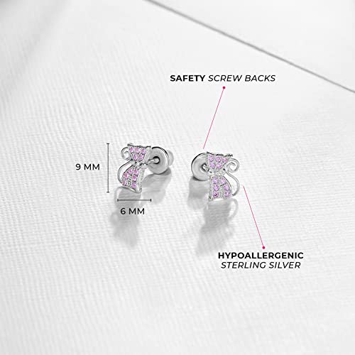 925 Sterling Silver Kitty Earrings For Girls - Hypoallergenic Screw Back Cat Earrings For Kids With Pink Cubic Zirconia Stones - Screw Back Locking Animal Themed Jewelry Earrings #TOP25
