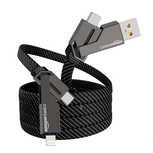 Amazon Basics 4 in 1 Metal Flat Braided Indestructible Cable 104cm 60W with lightning to type C, type C to C, Lighting to type A compatible for iPhones, iPads, Macbooks, Type C Laptops (Grey)