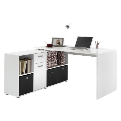 FMD 353-001_we Lex Bureau Angulaire Réversible avec Quatre Compartiments Ouverts et Porte/Tiroir Bois Blanc 66,5 x 136 x 74 cm