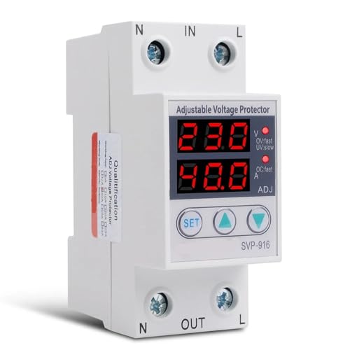 40A 220V Din Rail Self Recovery Adjustable Over Voltage Under Voltage Dual LED Display Voltmeter Relay Voltage Protector Monitor(110V,6A)