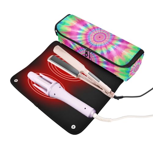 Bolsa para herramientas de cabello para mujeres con almohadilla resistente al calor, estuche doble capa para planchas de pelo, rizadores, patrón tie-dye arcoíris rosa y azul miniatura 2