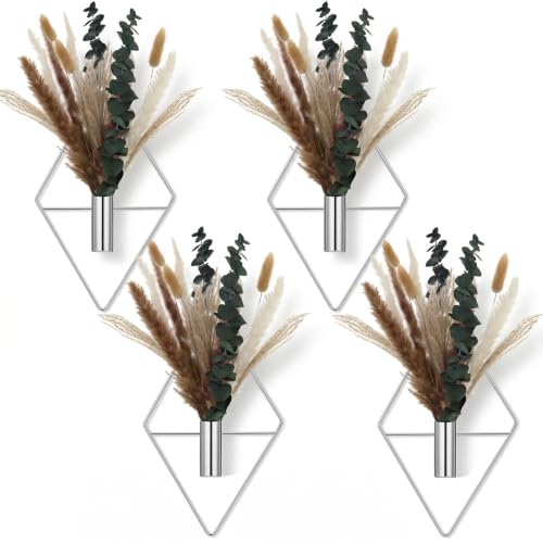 Jexine 4 Pcs Hanging Artificial Planters Wall Decor, Chrome Silver, Pampas