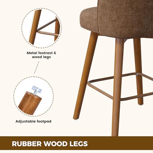 Image of Modern Swivel Bar Stools Set of 2, Chic Upholstered Counter Height(26IN) Bar Chair with Back, Solid Wood Legs and Footrest, Comfortable Chenille Bar Stool for Kitchen Island, Chestnut Brown