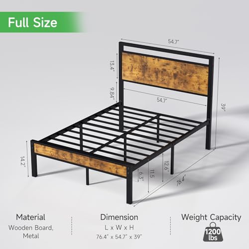 Image of Z-hom Upgraded Full Size Bed Frame, Heavy Duty Metal Sturdy Full Bed Frame with Modern Wood Headboard & Footboard, Stable Platform Bed Furniture Bed Storage, No Noise, No Box Springs, Vintage Brown | Metal Platform Bed Frame with Underbed Storage Space,No Box Spring Required,Solid Construction for Quiet Daily Use