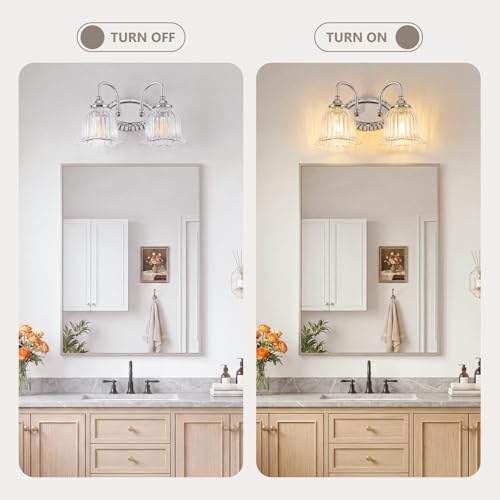 Image of Chrome 2-Light Bathroom Light Fixtures with Floral Glass Shade | Vintage Vanity Lights Wall Sconces Over Mirror for Bathroom Powder Room