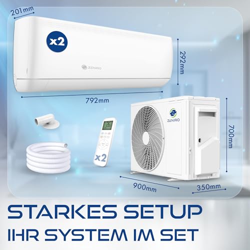 ZENIRO Multi Split Klimaanlage 2 Innengeräte Set (2 x 3, 5kW) Klimagerät Air Conditioner mit Heizfunktion 21000 BTU 6, 2kW A++ WiFi/ App- Steuerung 4D AirFlow Heizen bis- 20°C Vorgefüllt R32-9