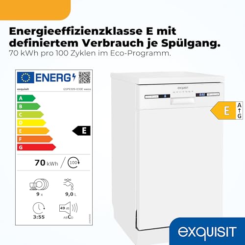 Exquisit Geschirrspüler | 9 Maßgedecke, Energieeffizienzklasse E, 49 dB(A) | schmal, kompakt, 7 Programme, Eco, Intensiv, Kurz, Extra-Trocknung, Startzeitverzögerung | GSP9309-030E weiss