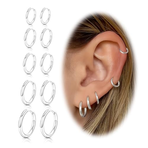 Sterling Silver Hoop Earrings, Hypoallergenic Earrings for Women Men 14k Real Gold Plated Small Huggie Hoop Earrings Stack Set for Multiple Piercing Lightweight Cartilage Helix Conch Hoop