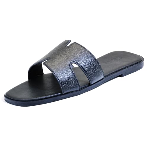 Image of Women's Flat Sandals, Ladies Leather Slippers, Comfy Dressy Slip on Shoes Elegant Slides Summer Fall Spring Cute Open Toe Casual Footwear
