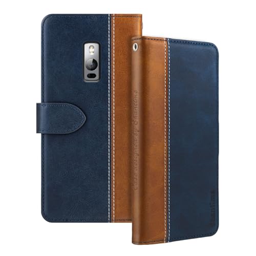Shantime Leder Flip Hülle Kompatibel mit Oneplus Two Hülle Mit Kartenhalter RFID-blockierend Magnetischer Ständer Schlanke Passform Geschäftsschutzhülle(Blau)