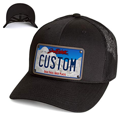 Custom South Dakota License Plate Snapback Trucker Hat Printed on Leather Patch. South Dakota