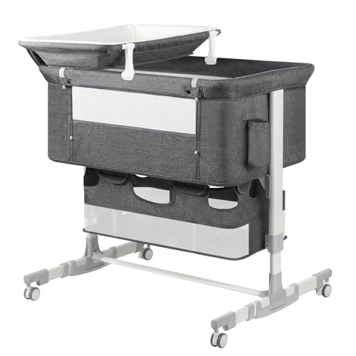 Image of UNISWAN Baby Bassinet Bedside Sleeper with Diaper Changing Station + Mosquito Net + 16gallon Capacity Storage, Adjustable & Portable Bassinet Cosleeping Baby Bed (Grey)